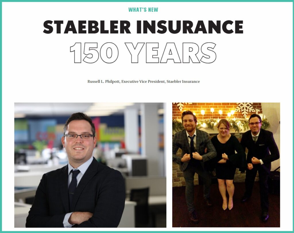 "Staebler Insurance 150 Years" magazine headline with images of Russell Philpott