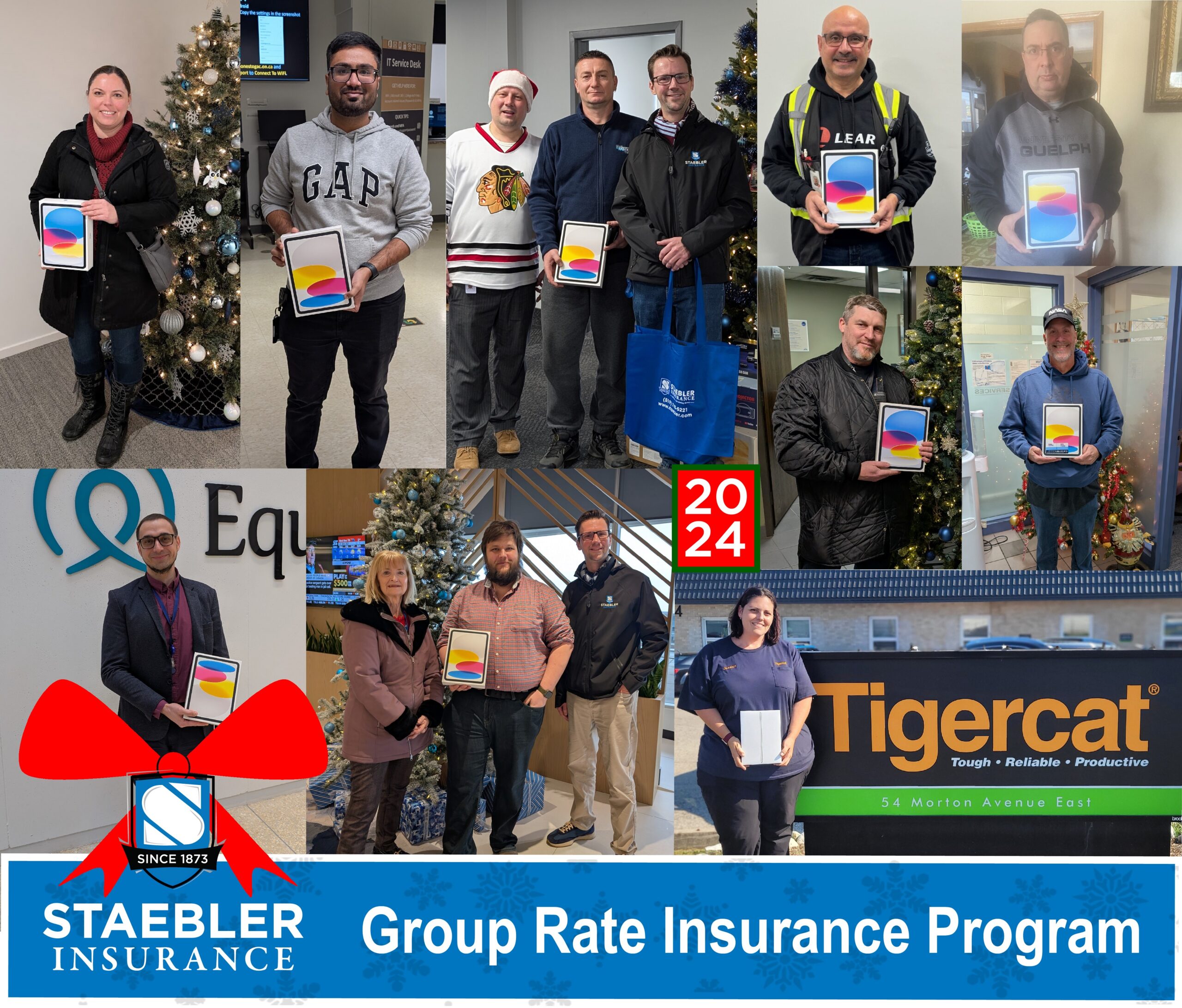 iPad Winners Collage 2024 Collage of 10 different iPad winners with Staebler Insurance logo and text: "Group Rate Insurance Program"